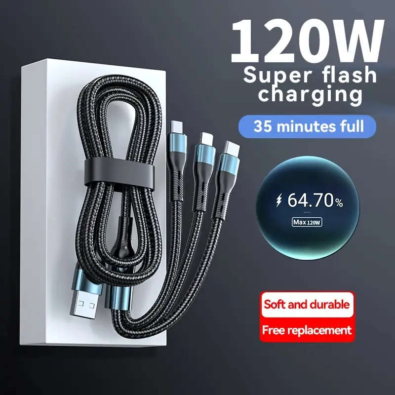 120W 3in 1 USB Fast Charging Cable Micro USB Type C Cable Data Cord for Realme