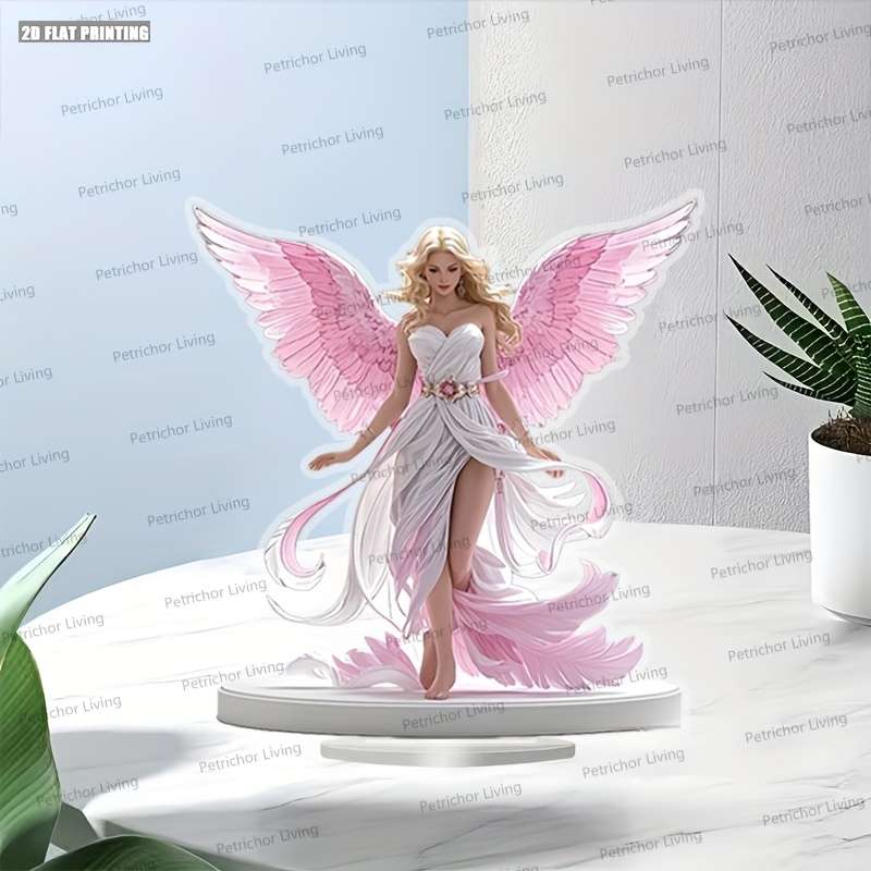 1pc 2D Flat  Bohemian Style  Print Acrylic Angel Desktop Decoration with Pink Wings Serene
