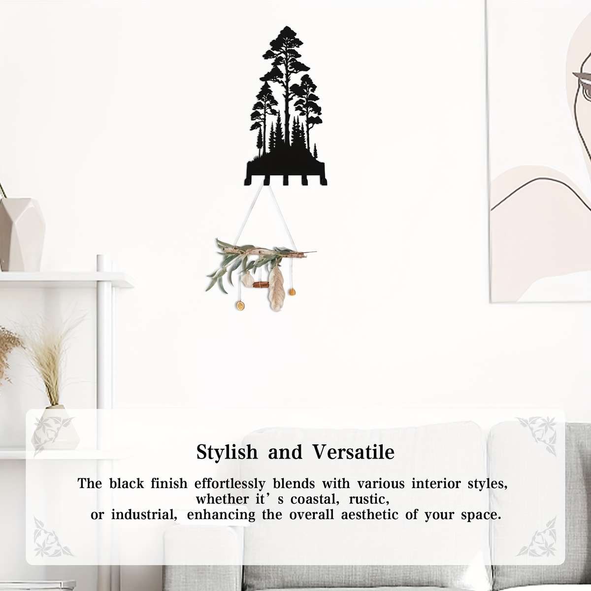 12-Inch Metal Wall-Mounted Key Organizer with 5 HooksBlack Forest Silhouette Design Easy to Ins