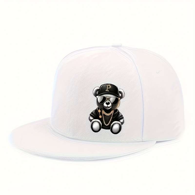 1pc Adjustable Hip-Hop Baseball Cap with Cute Bear Pattern Sun Protection Lightweight Flat Brim