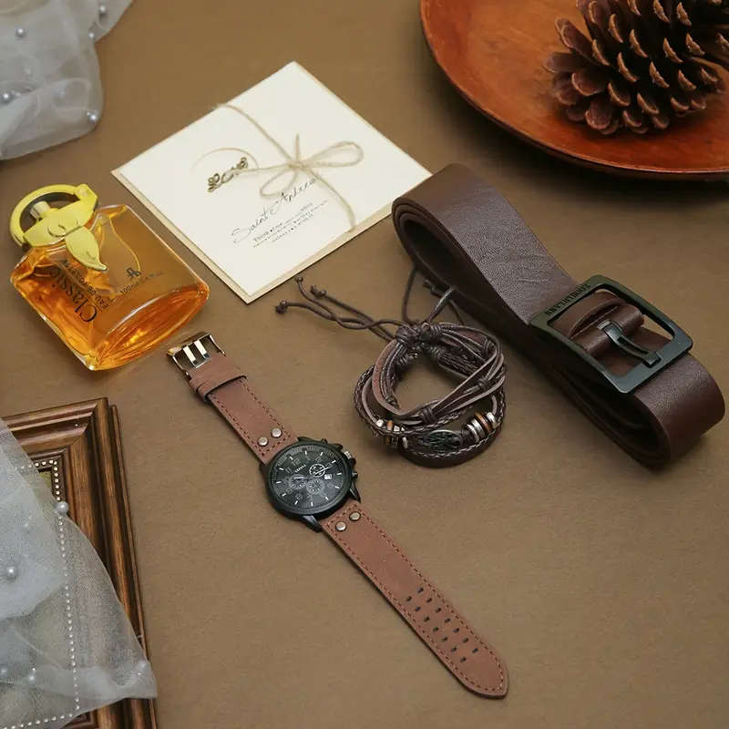 8Piece Set Men'S Watch Gift Box Set 3 Bracelet Sets Fashion Watches Perfume Belts Greeting Cards Atm