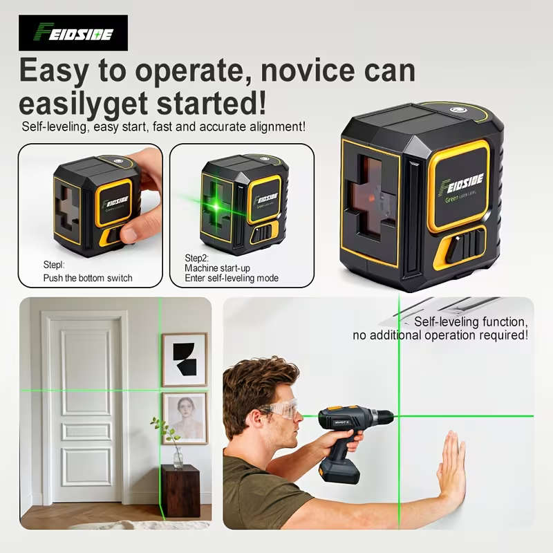 Portable 2-Line Laser Level, Strong Green Beam Horizontal & Vertical Line, Self-Leveling