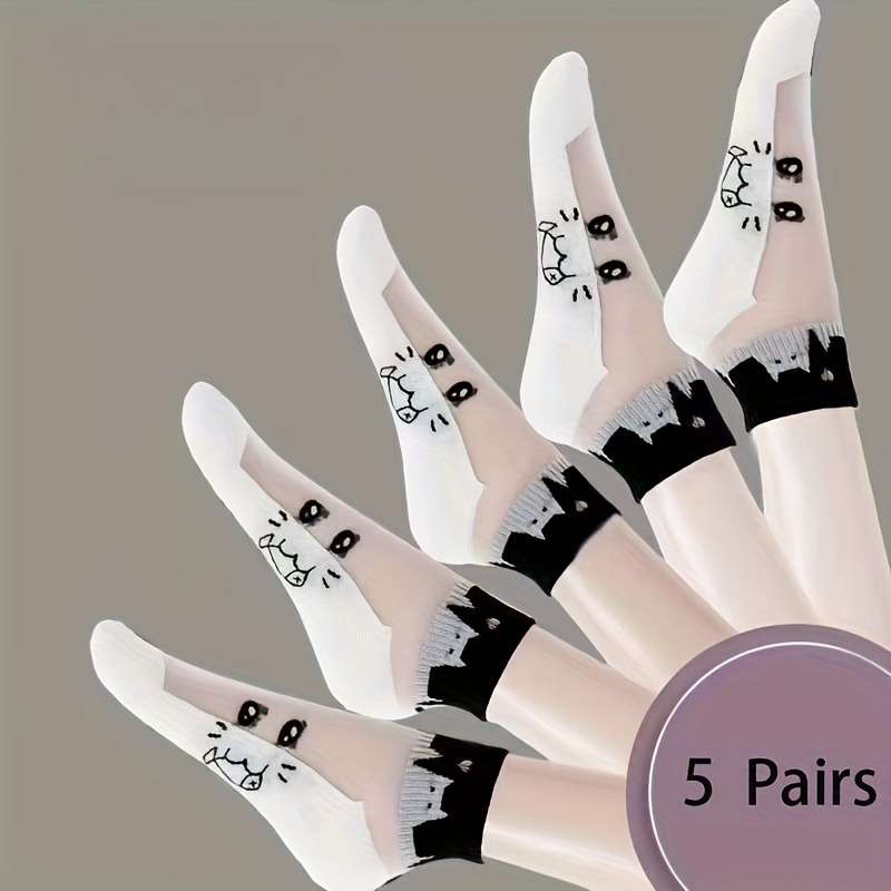 5 Pairs Black And White Cat A One Size High Elastic Socks