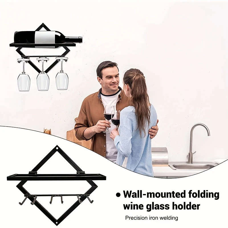 1pc Industrial Wall-Mounted Wine Rack with Stemware Holder Durable Iron Construction Space-Saving De
