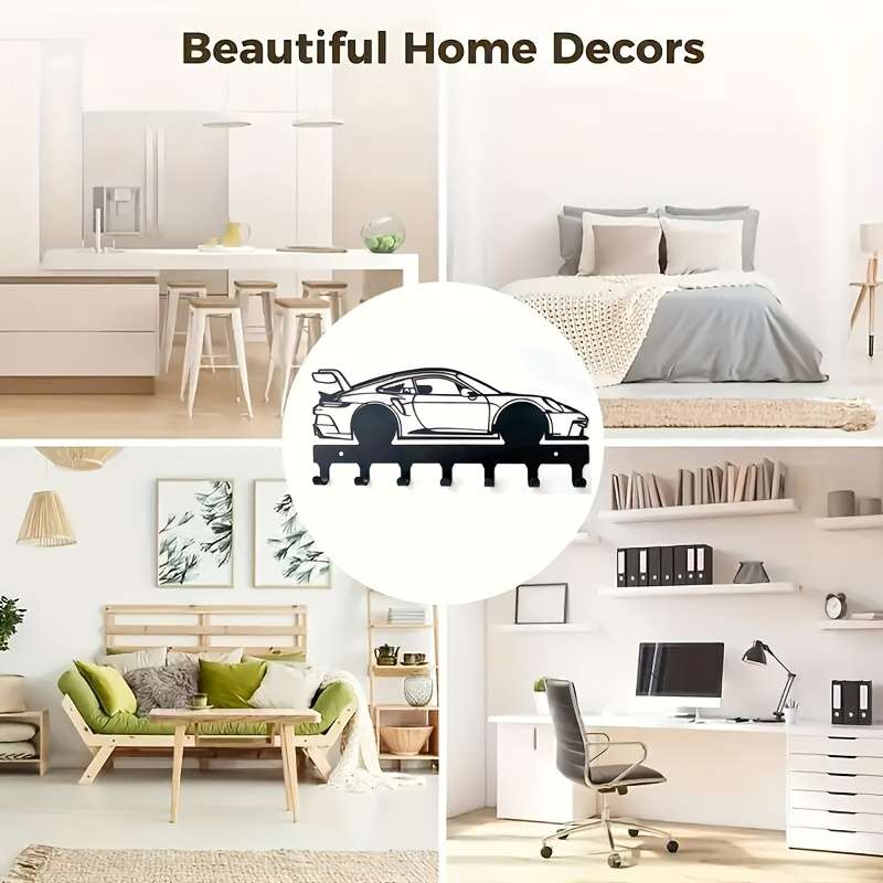 Black Metal Car Key Holder with 4 HooksStylish Sports Car Design for Keys Coats Towels Hats a