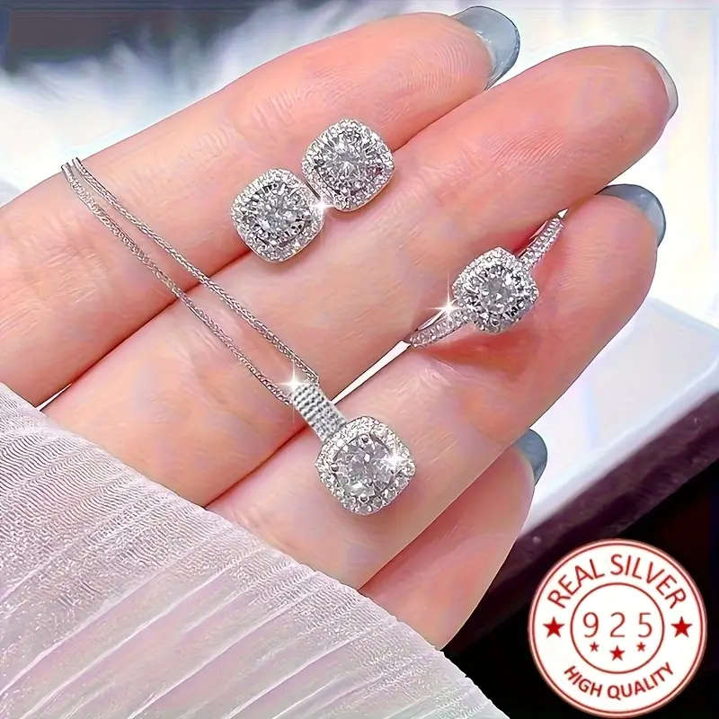 4 Piece Elegant 925 Silver Plated Pendant Necklace, Earrings and Rings Set