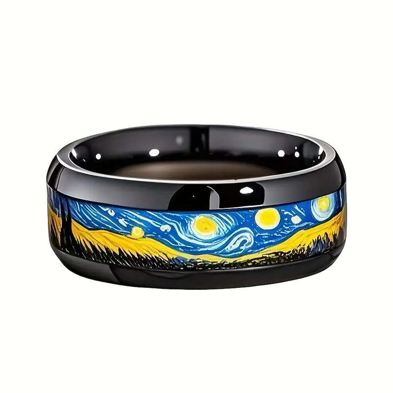 Men's 8mm Stainless Steel Ring with Van Gogh "Starry Night" Design Gunmetal Finish