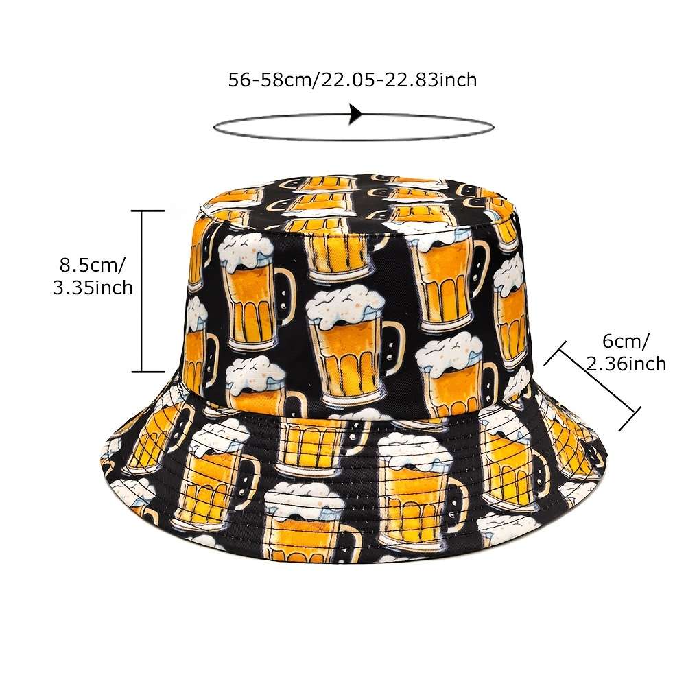 FUODRAO Men'S Stylish Beer Print Bucket Hat Double-Sided Sun-Protective Beach Cap