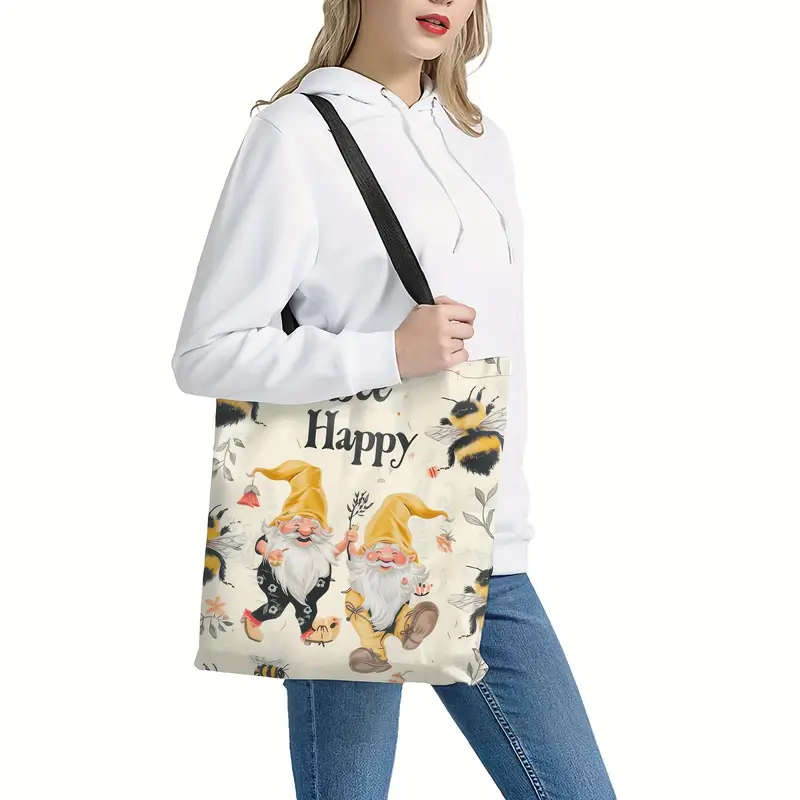 Bee Happy Canvas Tote Bag With Cute Gnome Design Large Capacity
