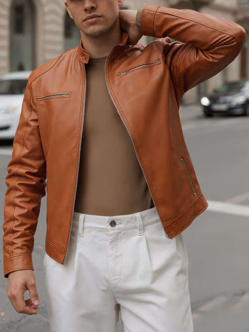 Khaki PU Leather Jacket - XXL
