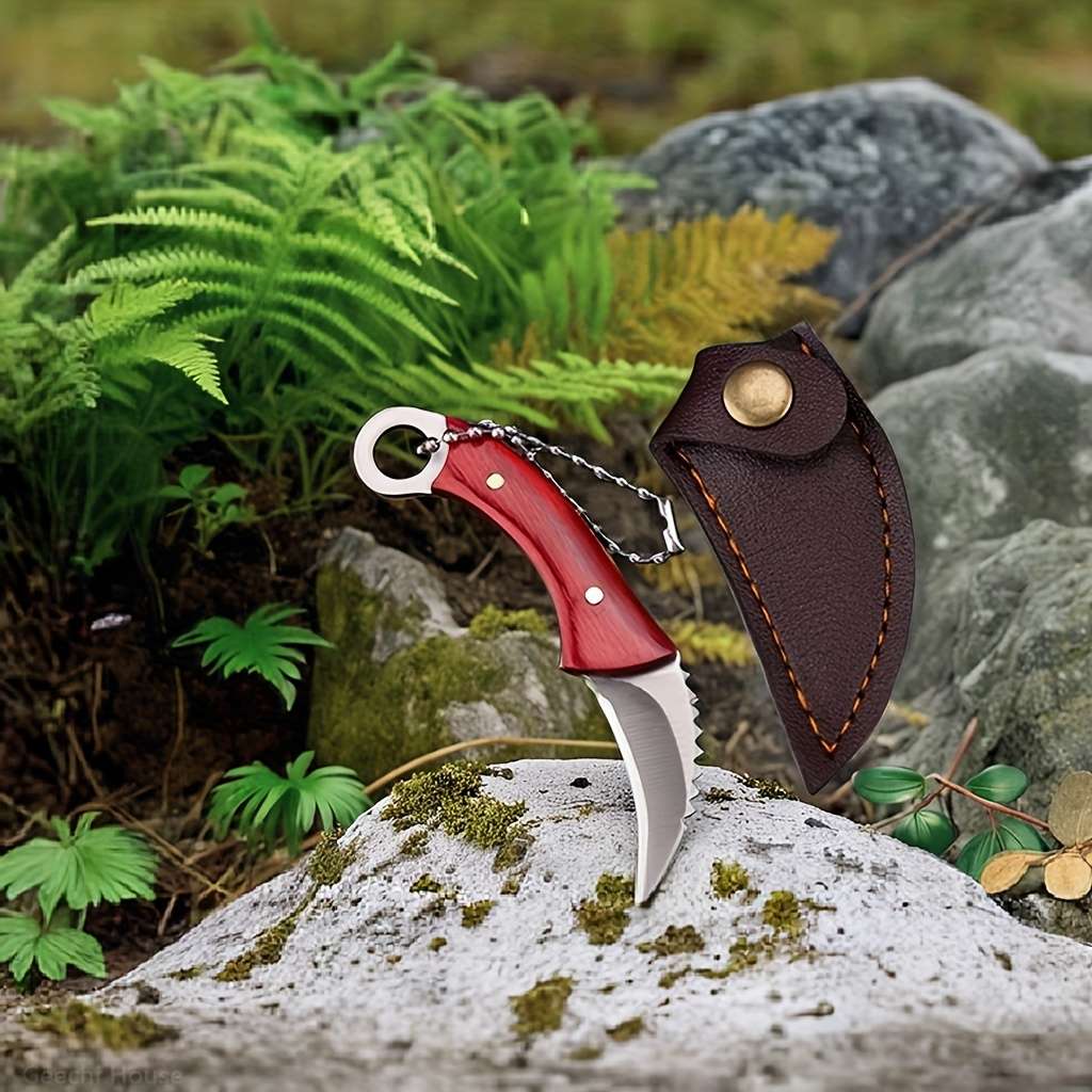 1pc Compact Stainless Steel Keychain Knife with Red Handle Faux Leather Sheath