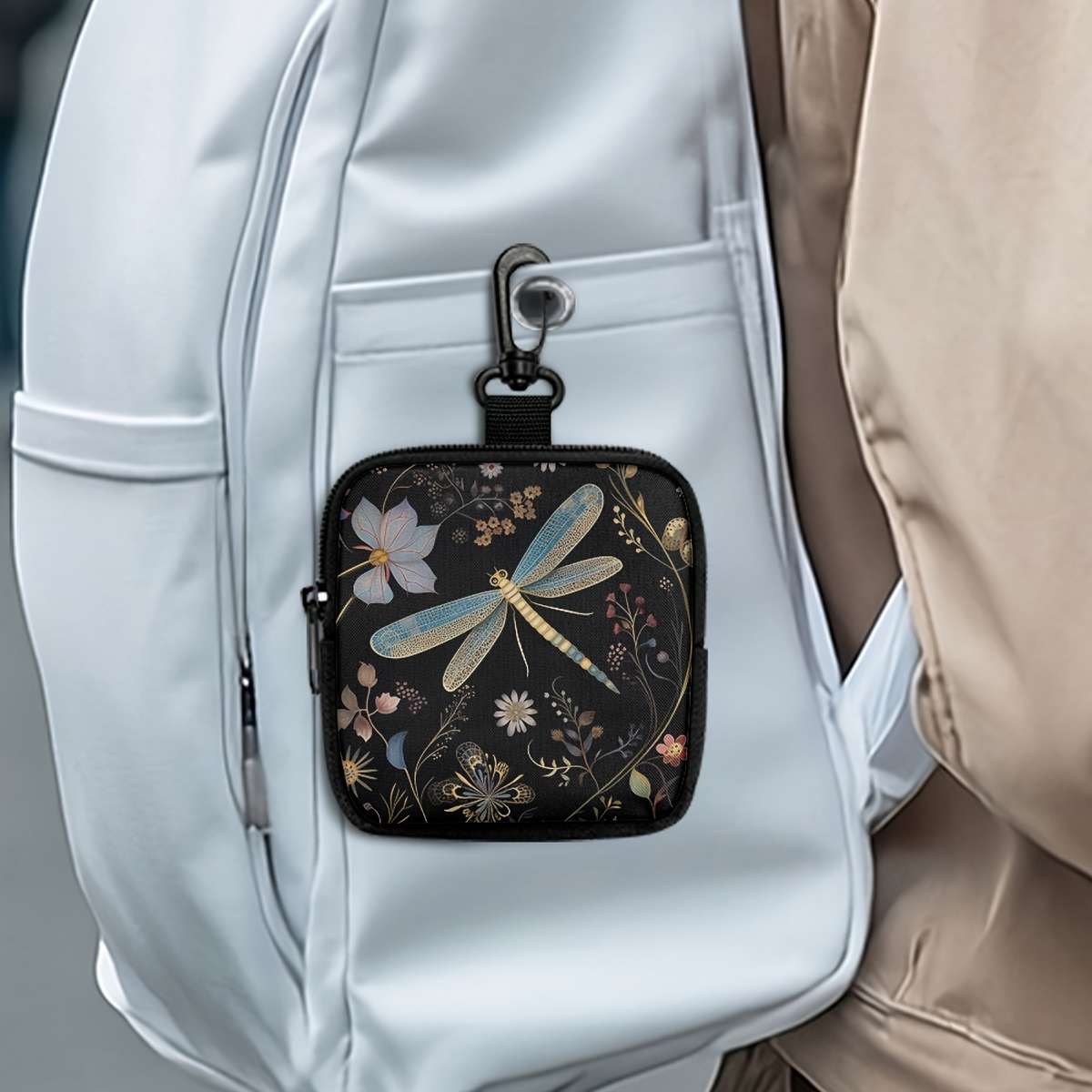 Multi-Pocket Zippered Wallet Coin Purse Chic Floral Dragonfly Print Hanging Purse With Key