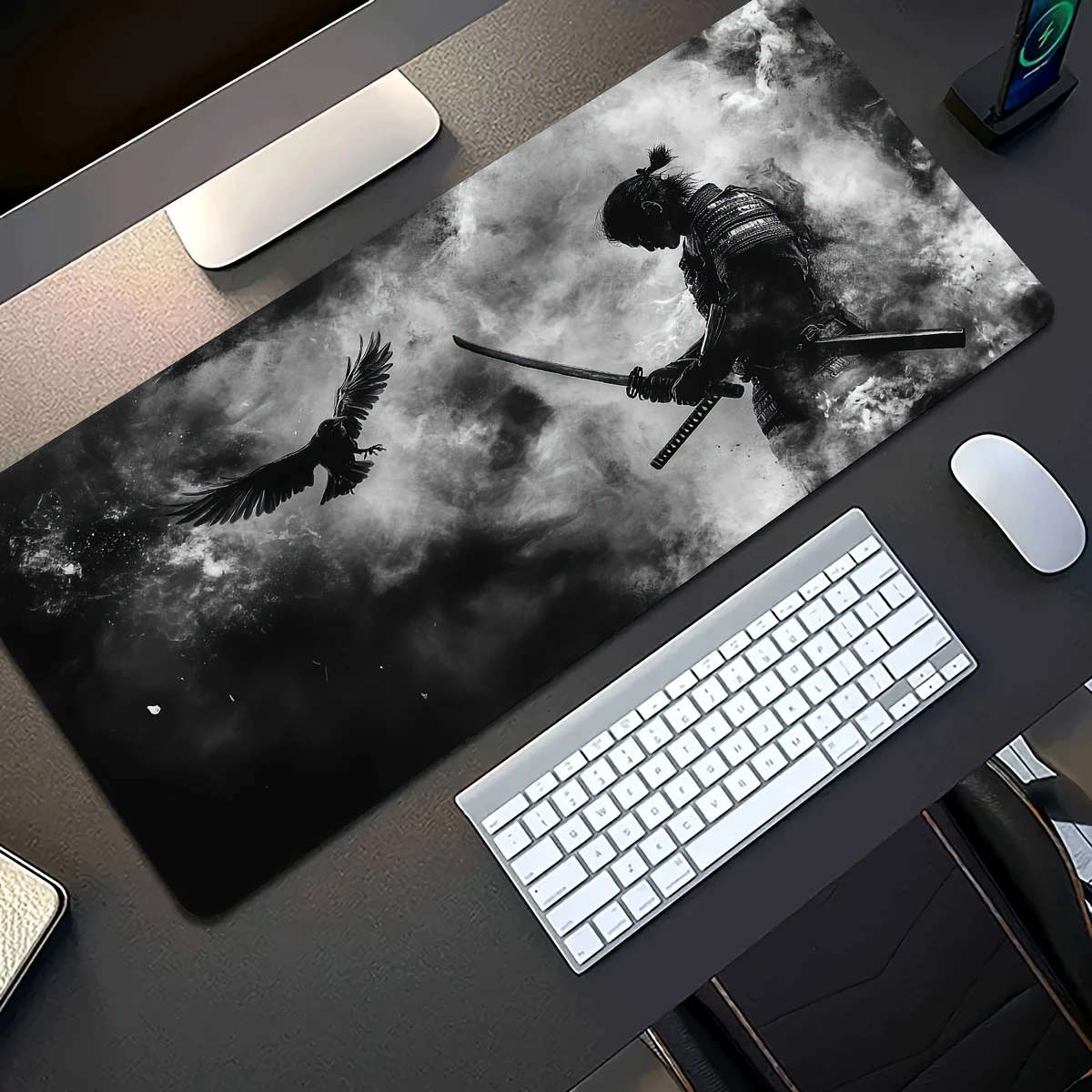 1pc 30x80cm Black and White Samurai Flying Bird Gaming Mouse Pad Durable Odorless Rubber Base