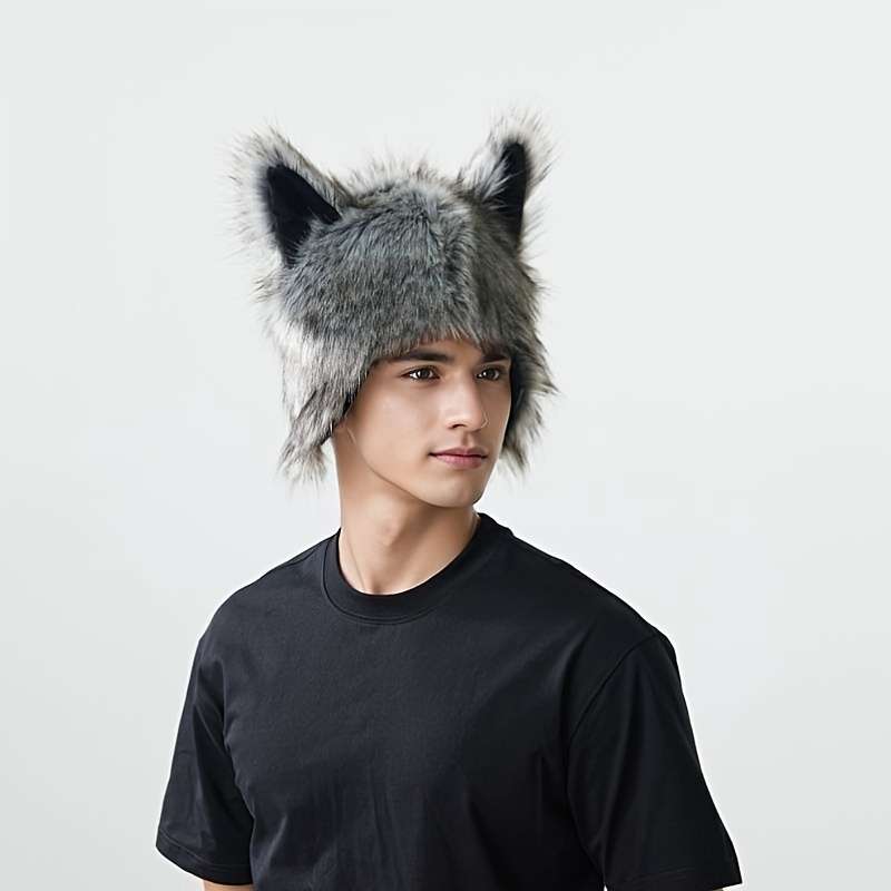 1pc Unisex Wolf Plush Street Style Hat Animal Themed Headwear For Halloween Christmas Party Costu