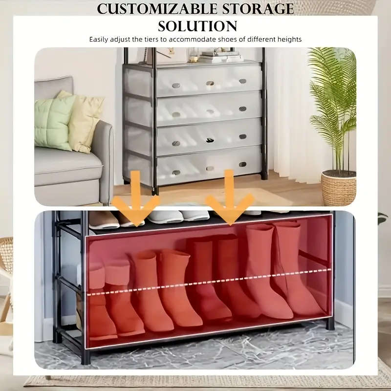 5-Tier Metal Shoe & Hat Rack with Coat Hooks - Durable, Dustproof Entryway Storage Organizer, Easy A