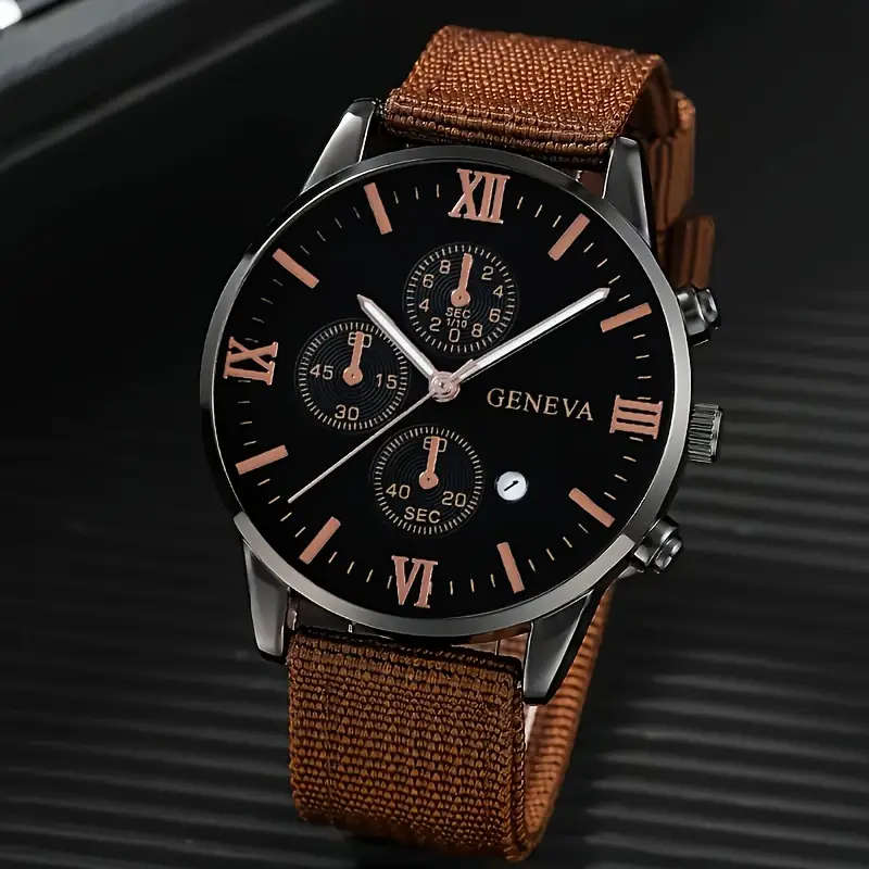 Men's Casual Simple Calendar Watch & Bracelet Set - 4pcs