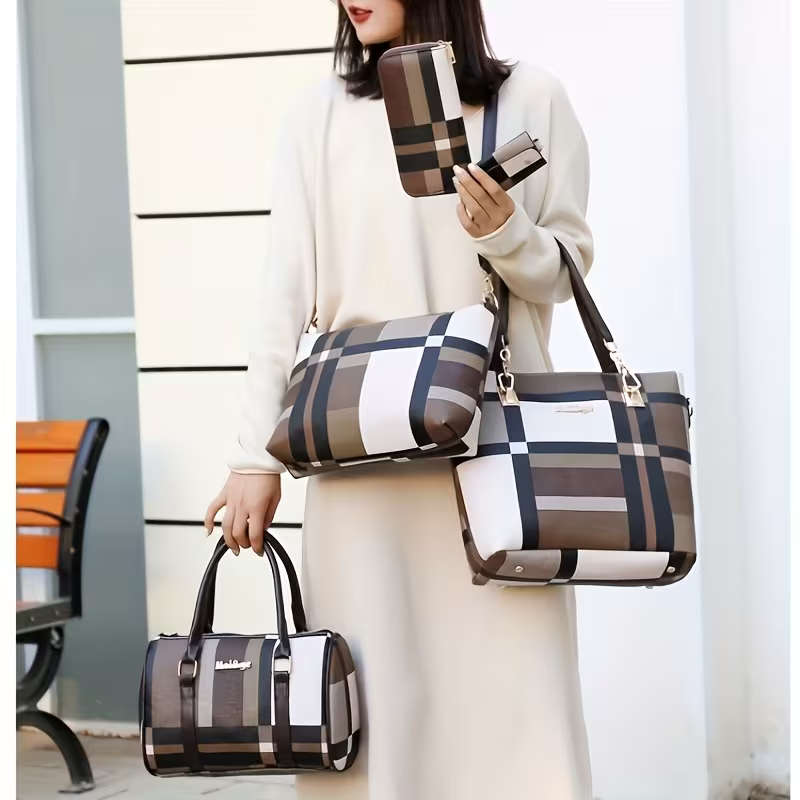 6Pcs Women Plaid Bag Set Tote Crossbody,Clutch Wallets
