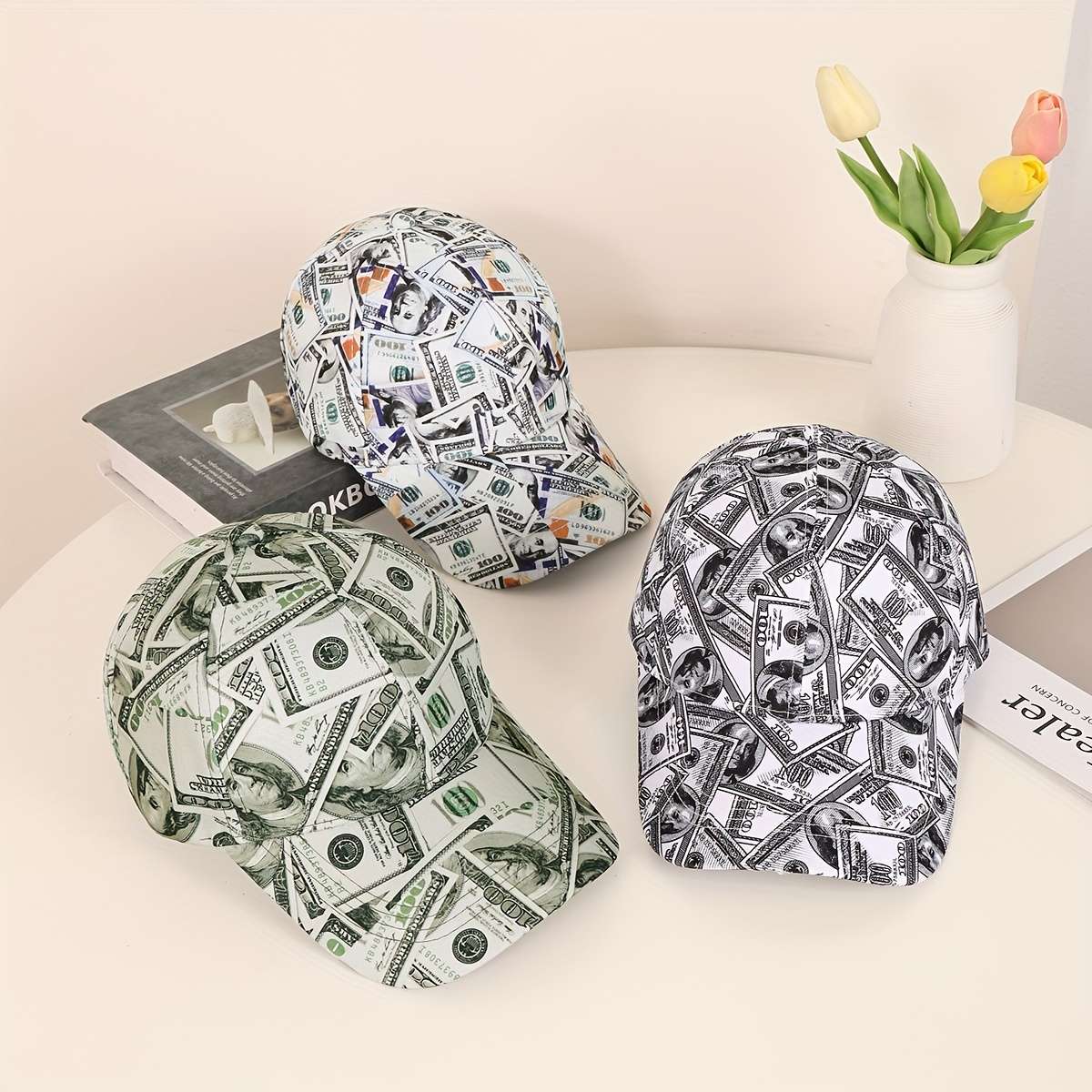 Funky Money Print Baseball Cap 100% Polyester Lightweight Adjustable Hip-Hop Hat Unisex