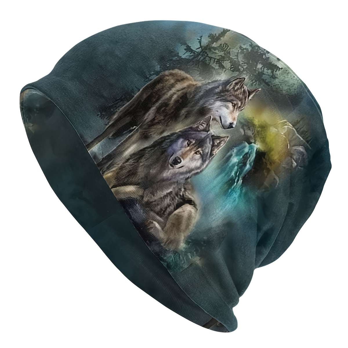 Wolf Print Brimless Skull Cap Polyester Spandex Blend Funky Style Soft Knit Fabric Wit
