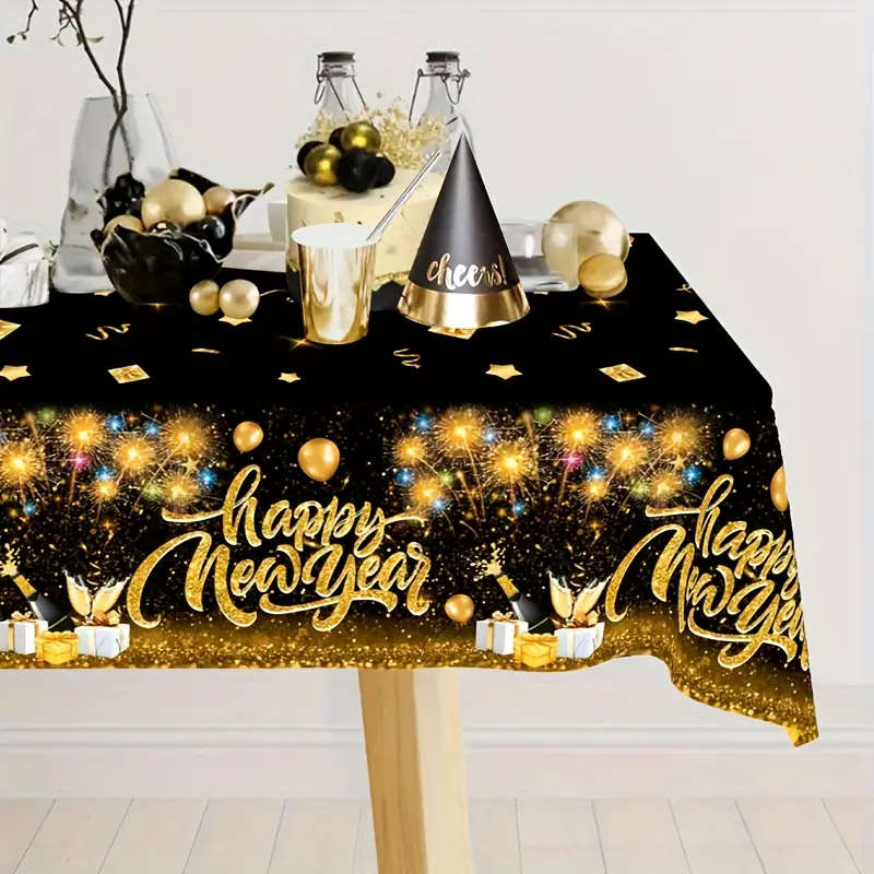 Shiny Gold Firework Balloon Pattern Disposable Plastic Tablecloth