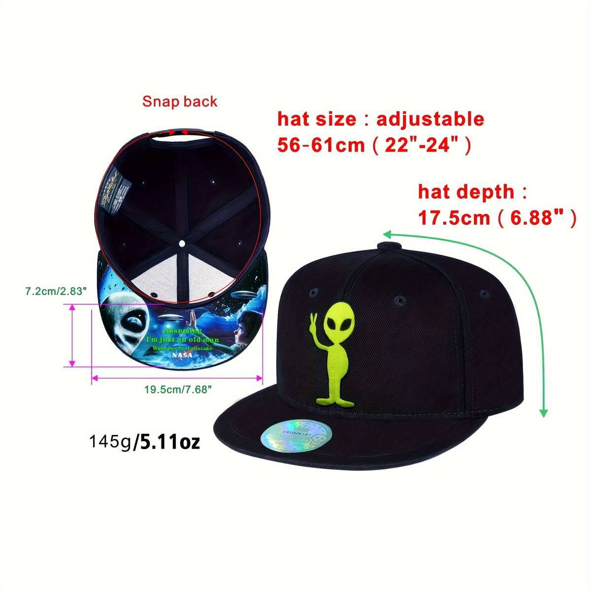 Tilgomedal Alien Skull Snapback Baseball Cap Adjustable Breathable Cotton Blend Hat For