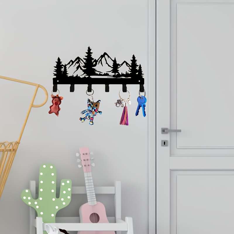 Rustic Forest Metal Key Holder Wall Mount Stylish Mountain  Pine Tree Design with 6 Hooks for Key