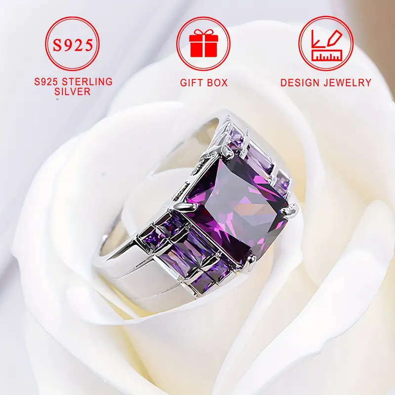 925 Sterling Silver Ring with Square Purple Synthetic Zirconia