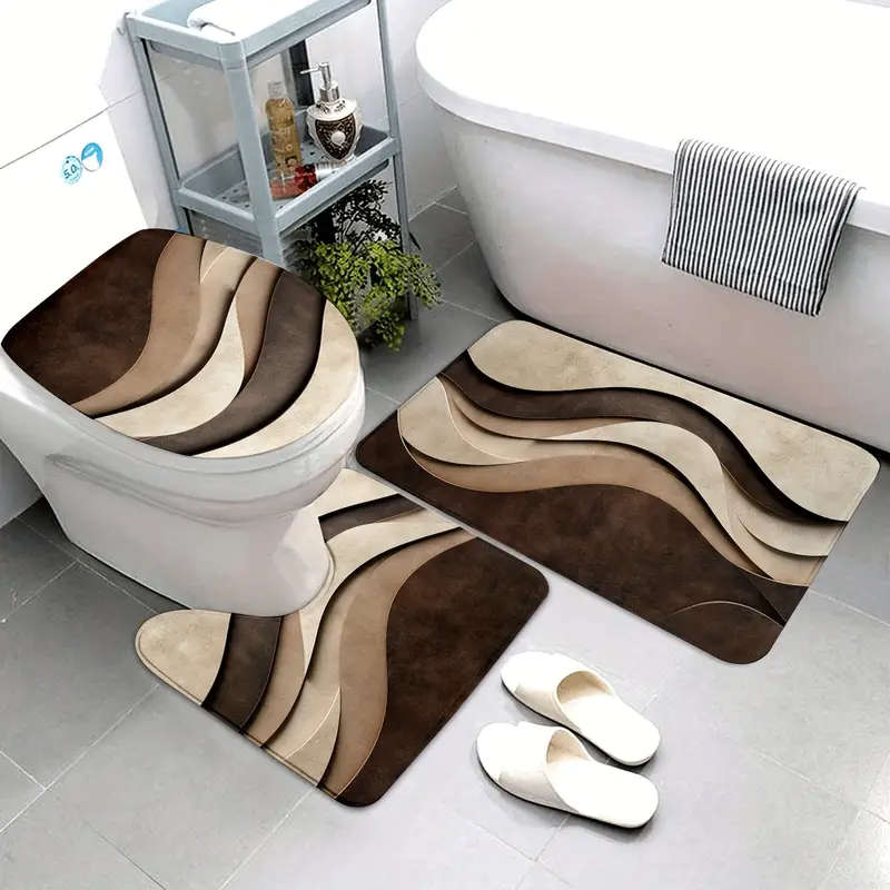 3 Piece Modern Abstract Wave Texture Bathroom Mat Set