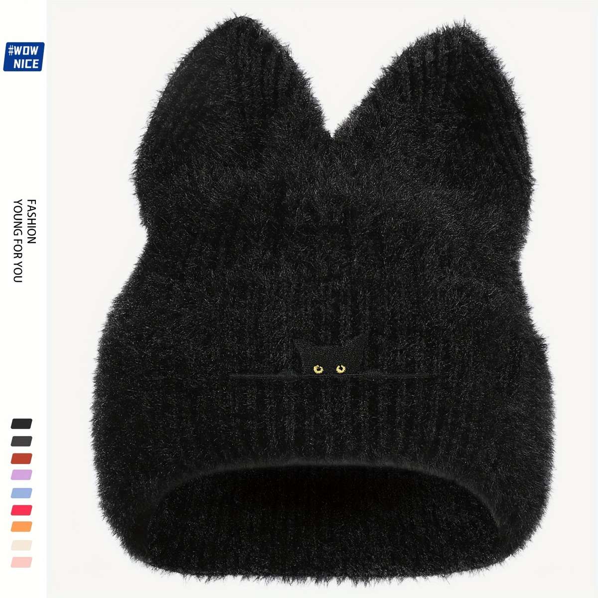Cozy Black Cat Embroidered Knit Beanie Thick Plush Winter Hat with Ear Covers Breathable St