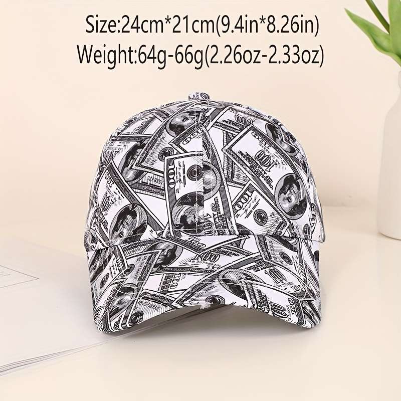 Funky Money Print Baseball Cap 100% Polyester Lightweight Adjustable Hip-Hop Hat Unisex