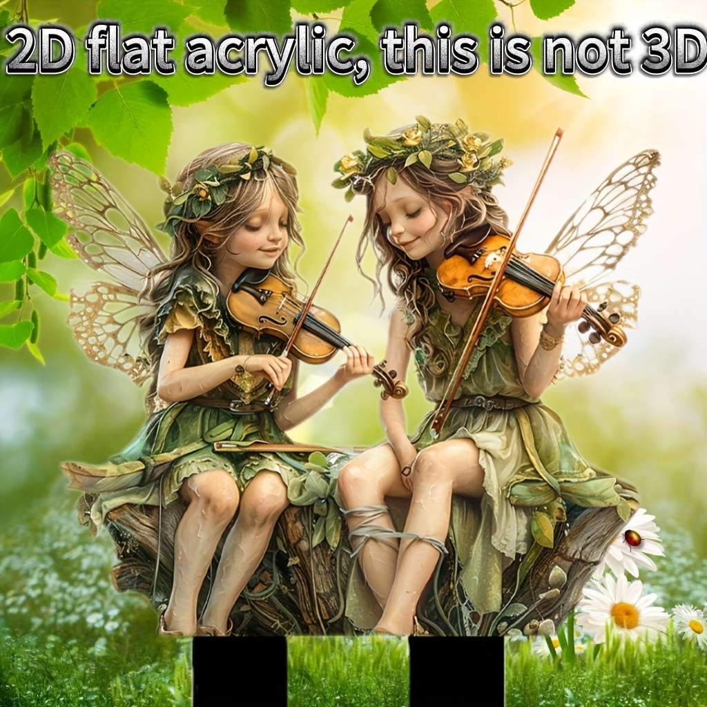 2D Flat  Acrylic Fairy Garden Stake Decorations Whimsical Elf Figurines Playing Violins W