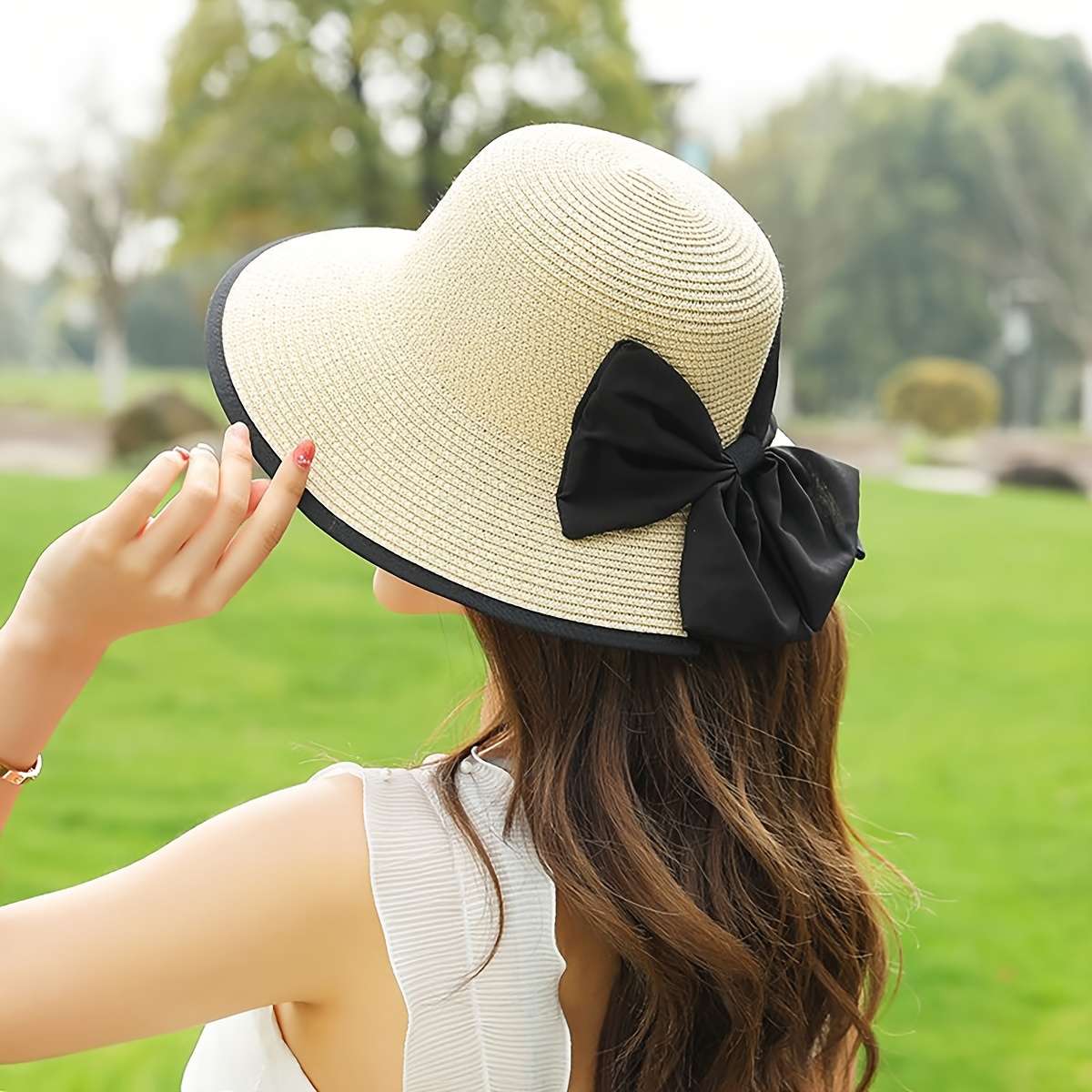 1pc Stylish Wide Brim Straw Sun Hat with Black Ribbon Bow Lightweight Polyester Beach Hat for Wom