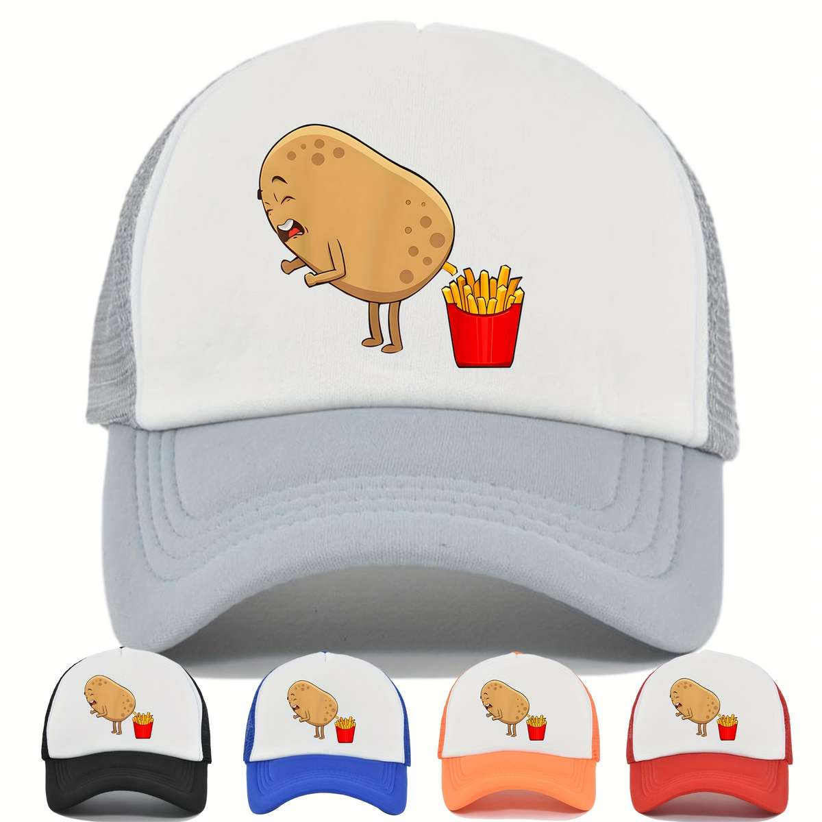 1pc Funky French Fries Cartoon Print Snapback Hat Breathable Polyester Mesh Trucker Cap with Colo