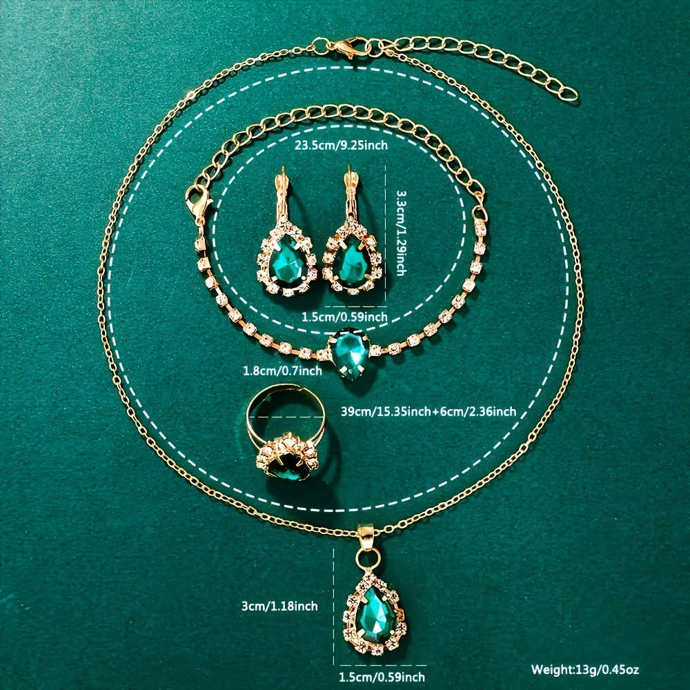 6pcs Set Elegant Women's Quartz Watch and Jewelry Set Luxurious Square Green Dial with Rhinestone Ac