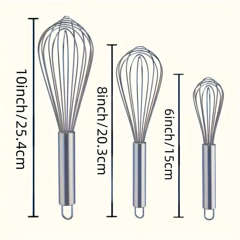 3 Piece Stainless Steel Whisk Set - Includes 20.32cm, 25.4cm, and 30.48cm