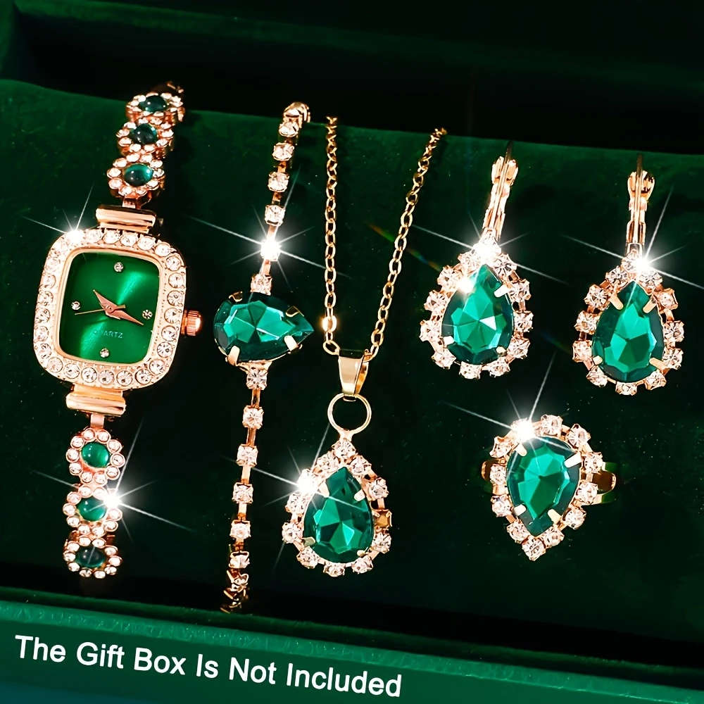 6pcs Set Elegant Women's Quartz Watch and Jewelry Set Luxurious Square Green Dial with Rhinestone Ac