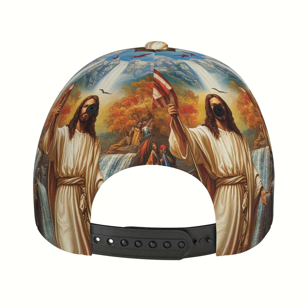 Adjustable Polyester Baseball Cap Jesus and American Flag Print Curved Brim Sports Running H