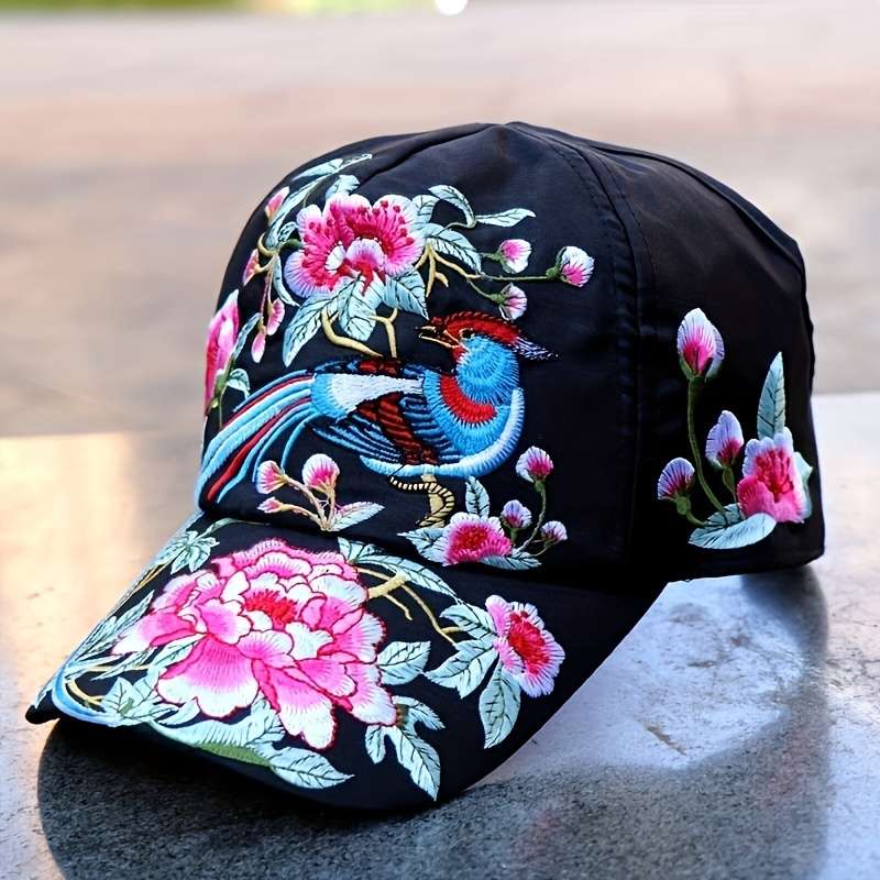 1pc Elegant Oriental-Inspired Women's Baseball Cap with Floral Bird Embroidery Adjustable Sun-