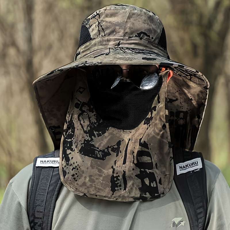 Men'S Camo Sun Protection Hat With Neck Flap Mask Foldable Breathable Polyester For Outdoo