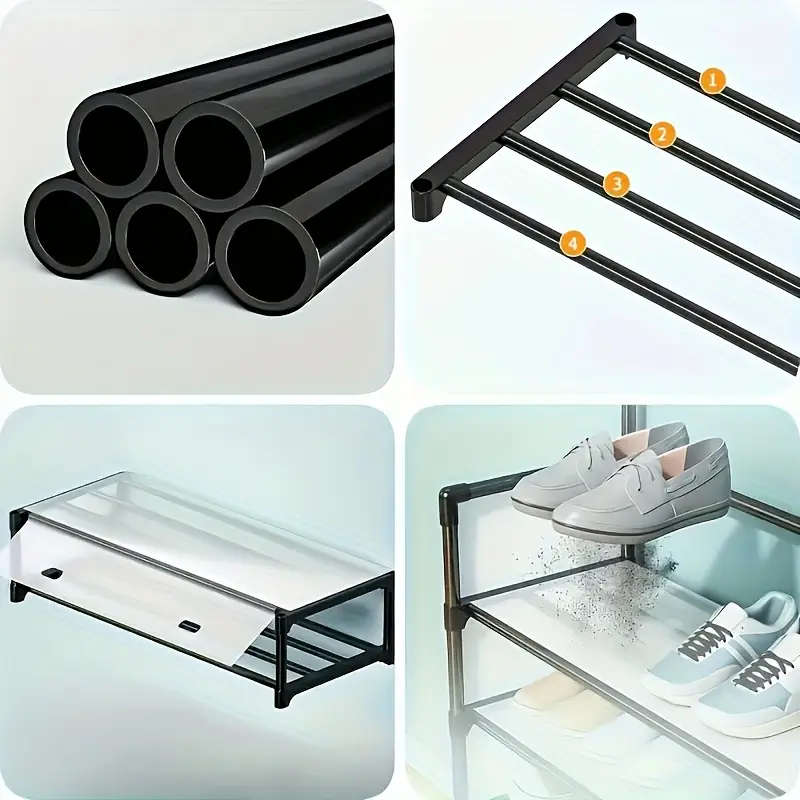 5-Tier Metal Shoe & Hat Rack with Coat Hooks - Durable, Dustproof Entryway Storage Organizer, Easy A