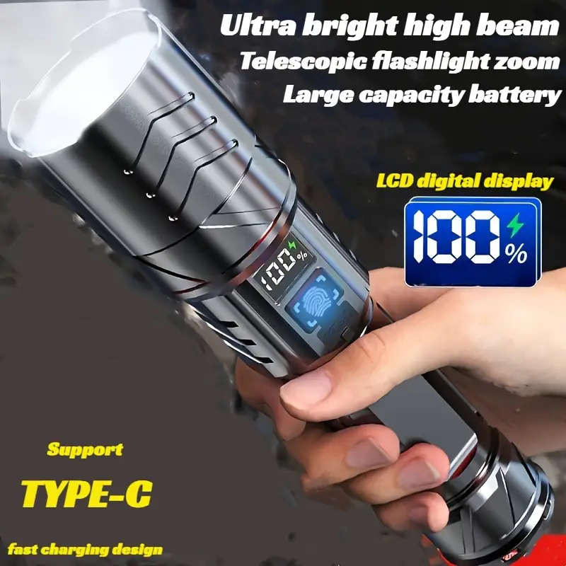 1pc Rechargeable LED Spotlight Flashlight with Digital Display Ultra High Beam Type-C Fast Charging