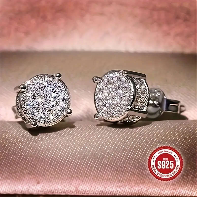 Pair of 925 Sterling Silver Round Synthetic Zirconia Rhinestone Stud Earrings