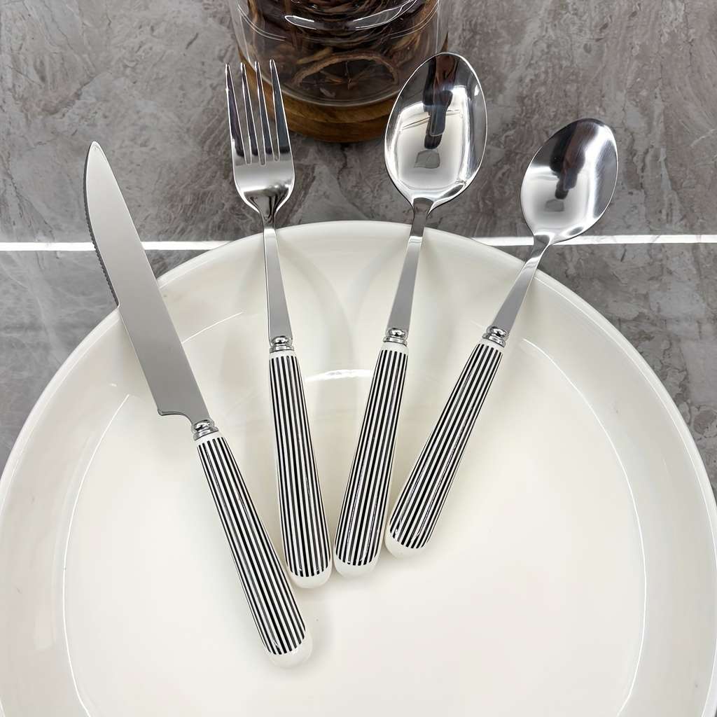 4pcs Ceramic Handle Stainless Steel Cutlery Polished Surface Cutlery with Striped Pattern Pr