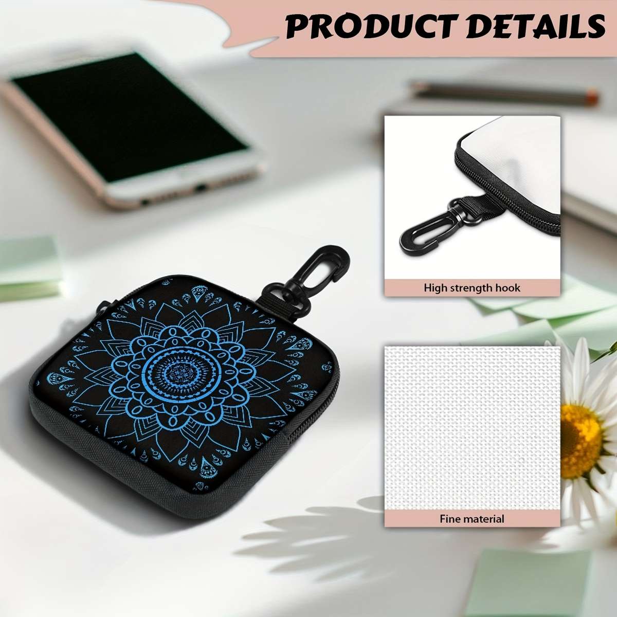 Mandala Flower Coin Purse With Hook Stylish Polyester Earphone Key Organizer Zippered Trav
