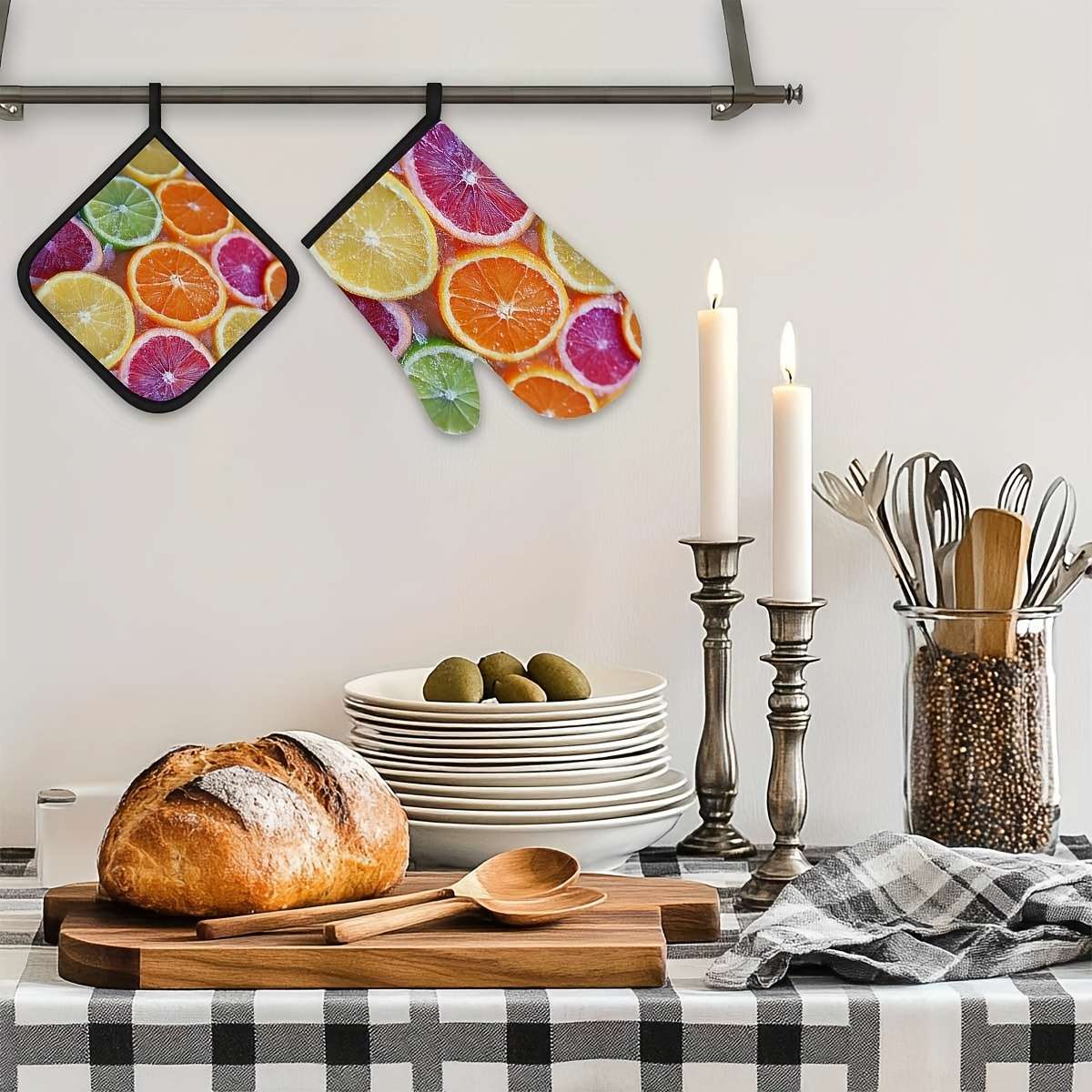 2pcs Citrus Fruit Slices Pattern Oven Mitts and Pot Holders Set Heat Resistant Microwave Glov