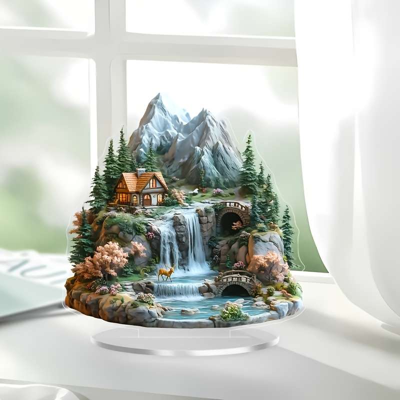 1pc 2D Flat  Decoration Charming Acrylic Mountain House Decoration with Waterfall and Forest La