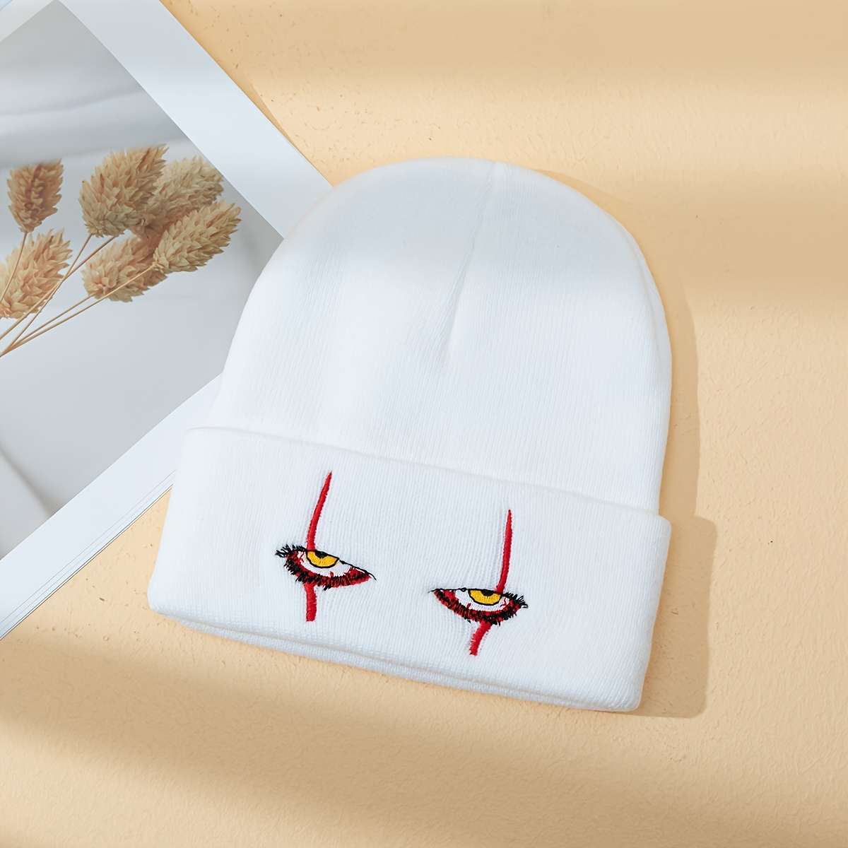 Trendy Devil'S Eye Embroidered Beanie Warm Acrylic Knit Winter Hat Lightweight Elastic Ma