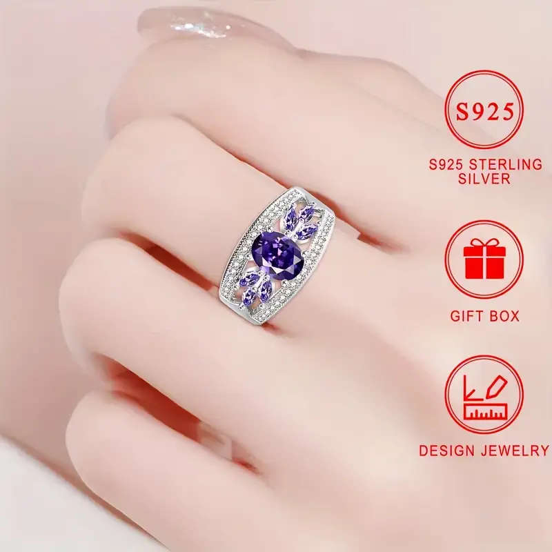 925 Pure Silver Ring, Set with Sparkling Purple Cubic Zirconia