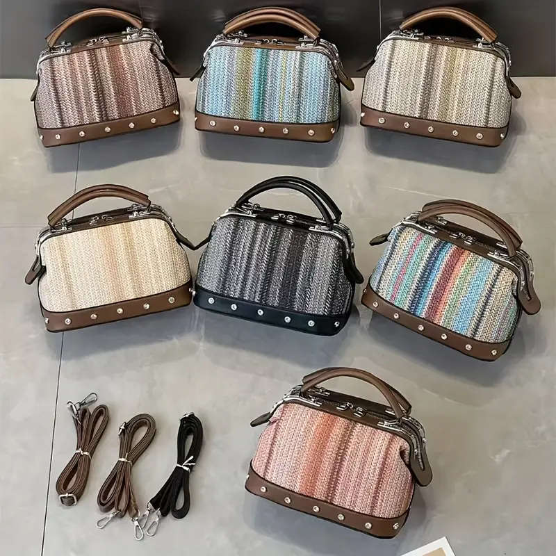 1 Piece Of Multicolor Rainbow Striped Woven Faux Leather Khaki