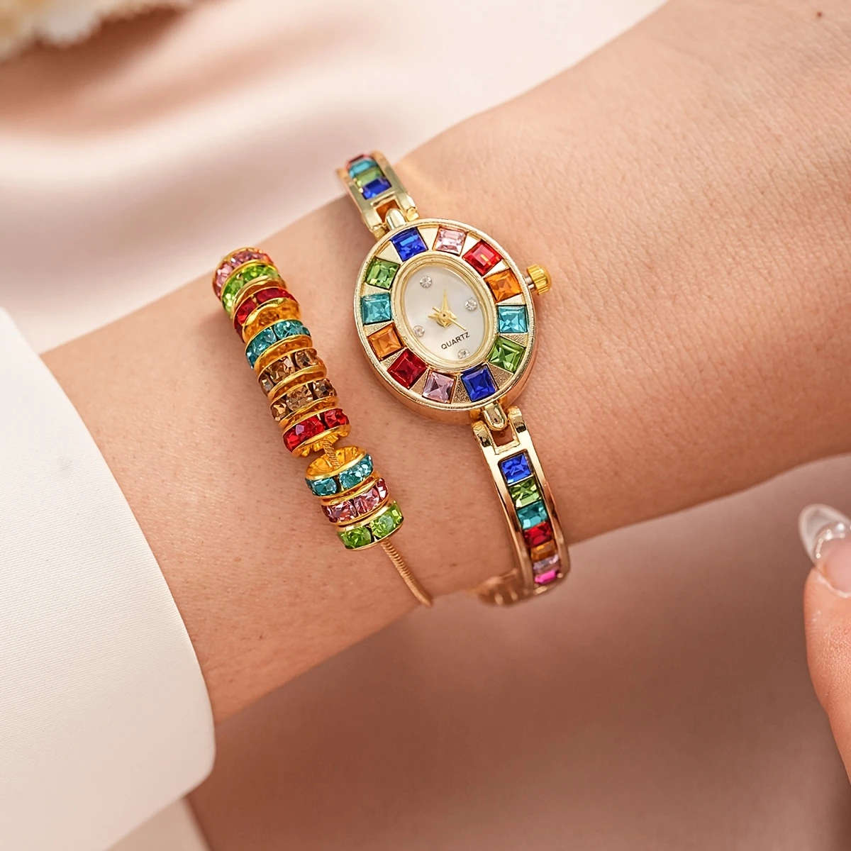 4pcs Set Women's Watch Rhinestone Necklace Earrings Bracelet Decoration Jewelry Set and Ladies' Uniq